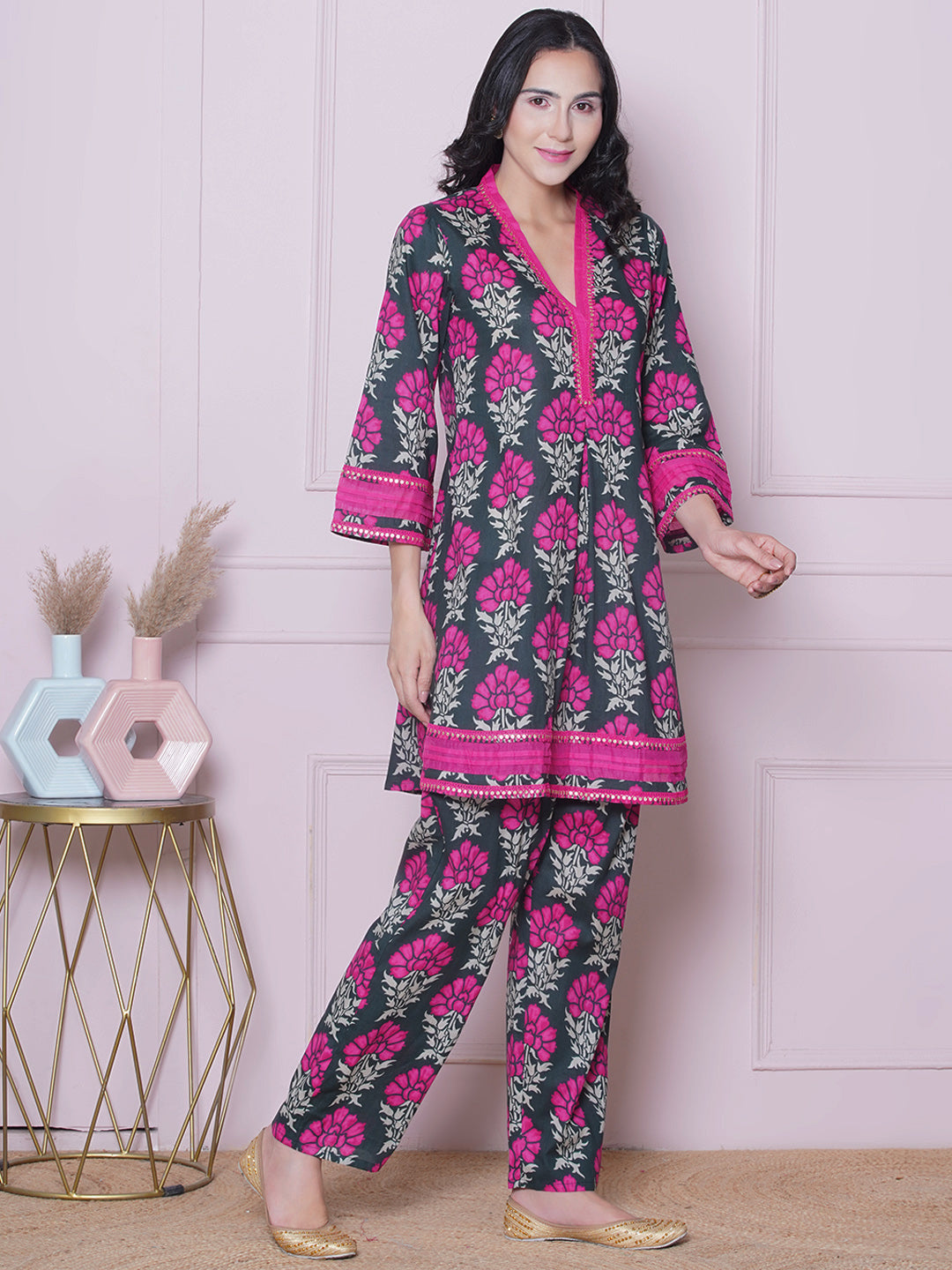 Floral Printed V-Neck Pure Cotton Tunic with Trousers