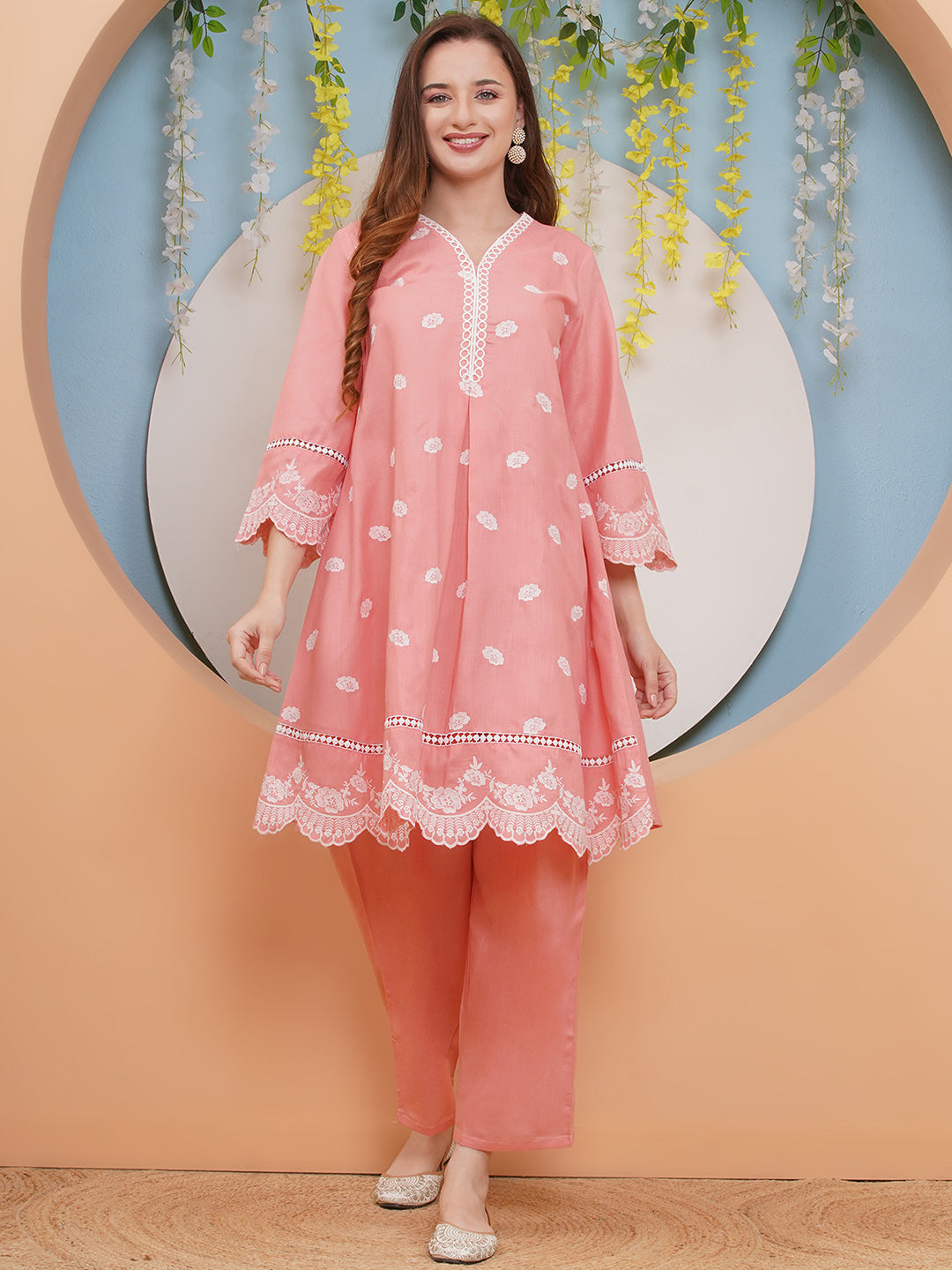 Bhama Couture Peach Colour Embroidered Kurta set