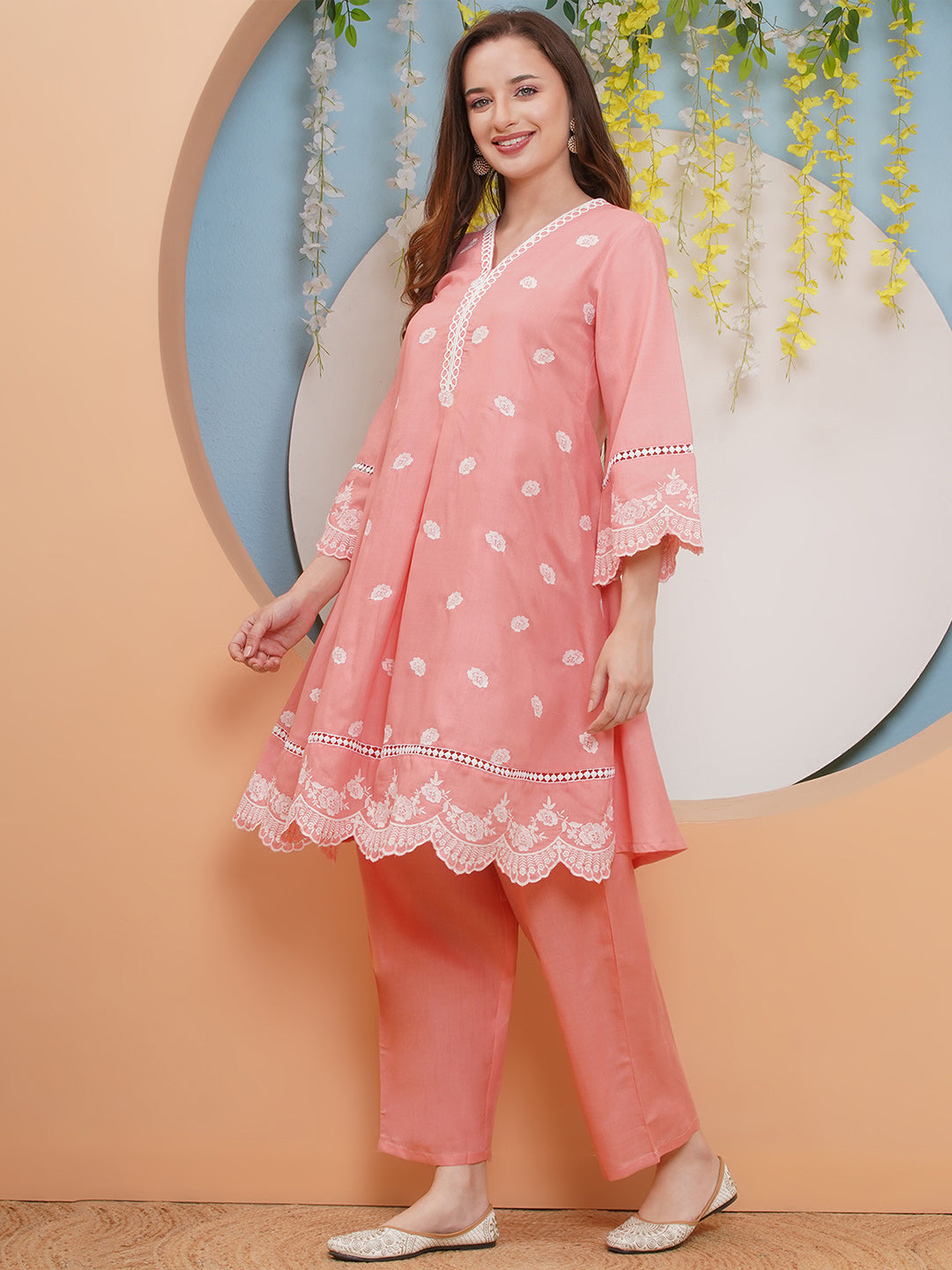 Bhama Couture Peach Colour Embroidered Kurta set