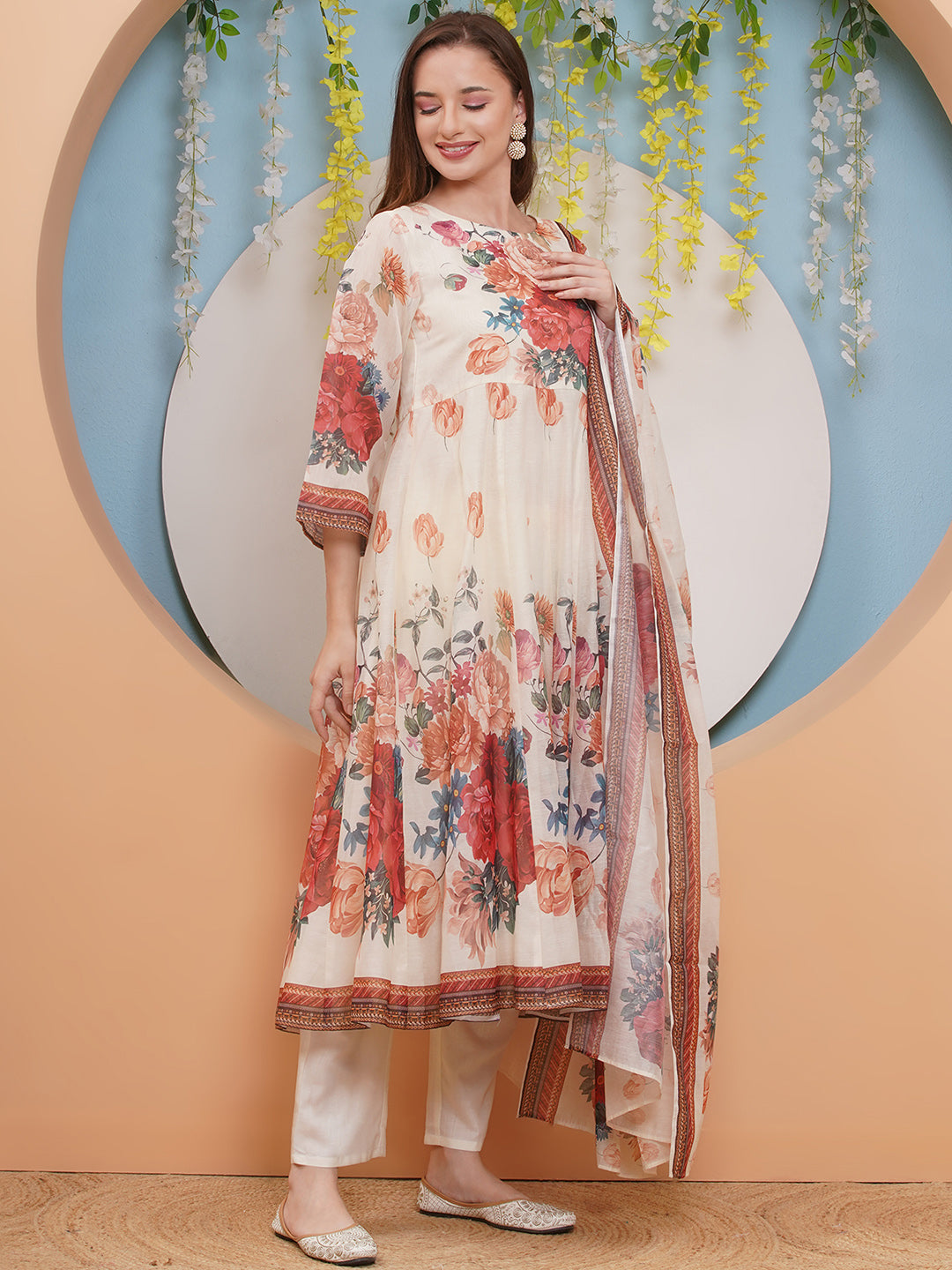 Bhama Couture Off White Floral Printed Anarkali Flared Kurta with Palazzos Dupatta.
