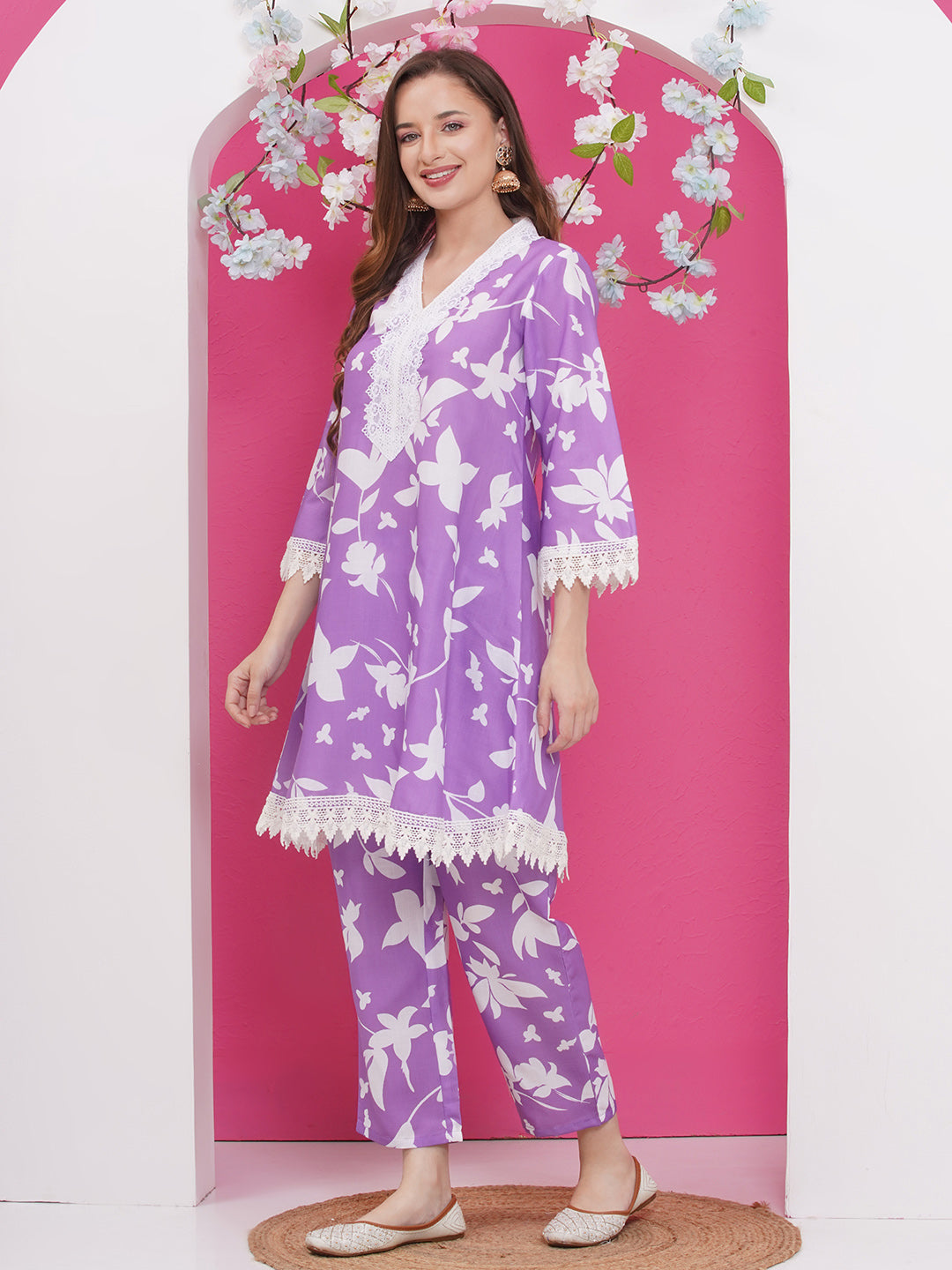 Bhama Couture Purple & White Floral Printed Kurta set