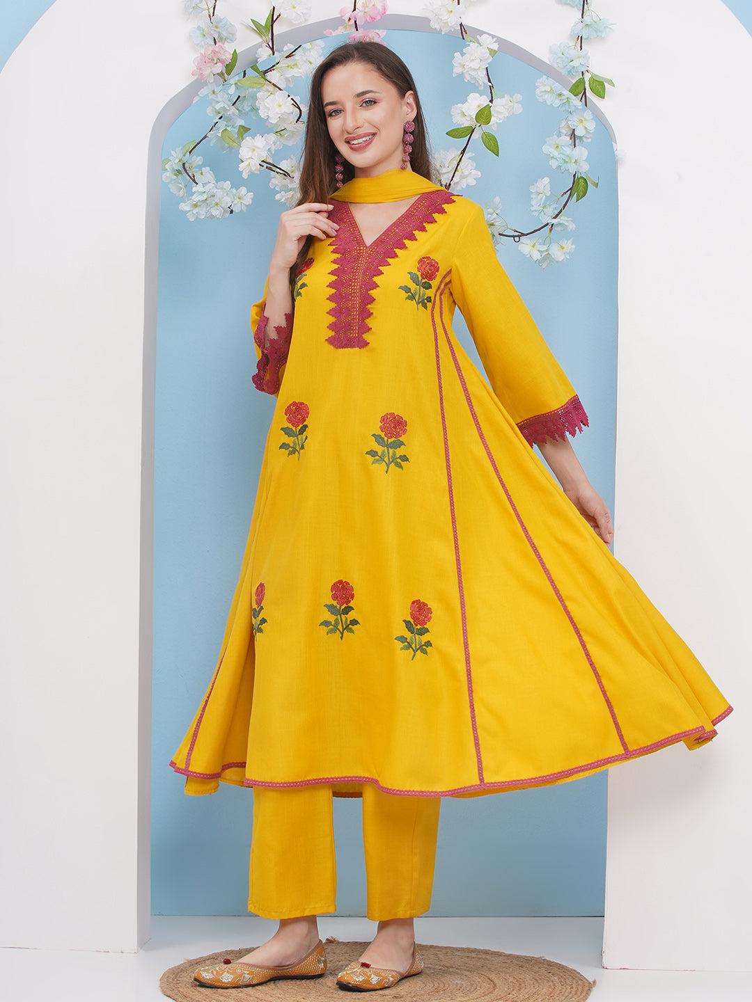 Bhama Couture Yellow Embroiderd Anarkali Flared Kurta with Palazzos Dupatta.