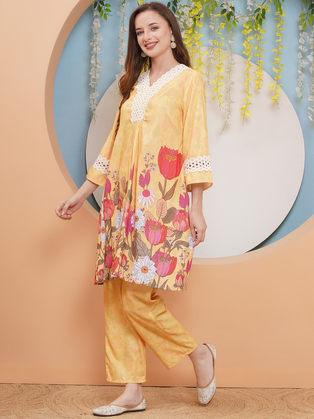 Bhama Couture Yellow Floral Printed Kurta set