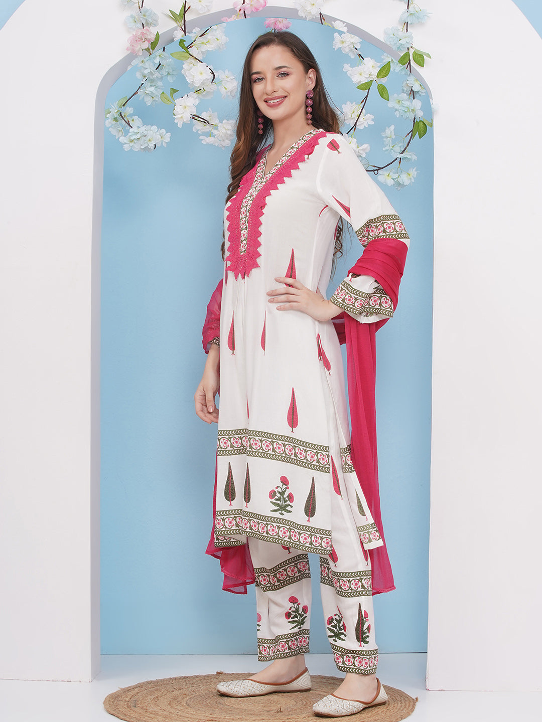 Bhama Couture White Colour floral printed Straight Kurta with Palazzos Dupatta.