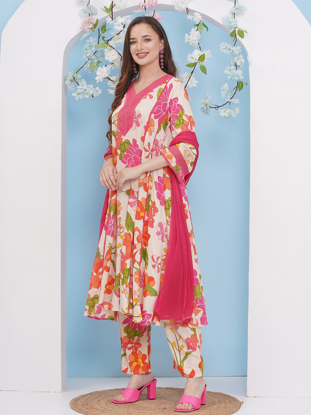 Bhama Couture Off White Multi Floral Printed Anarkali Kurta with Palazzos Dupatta.