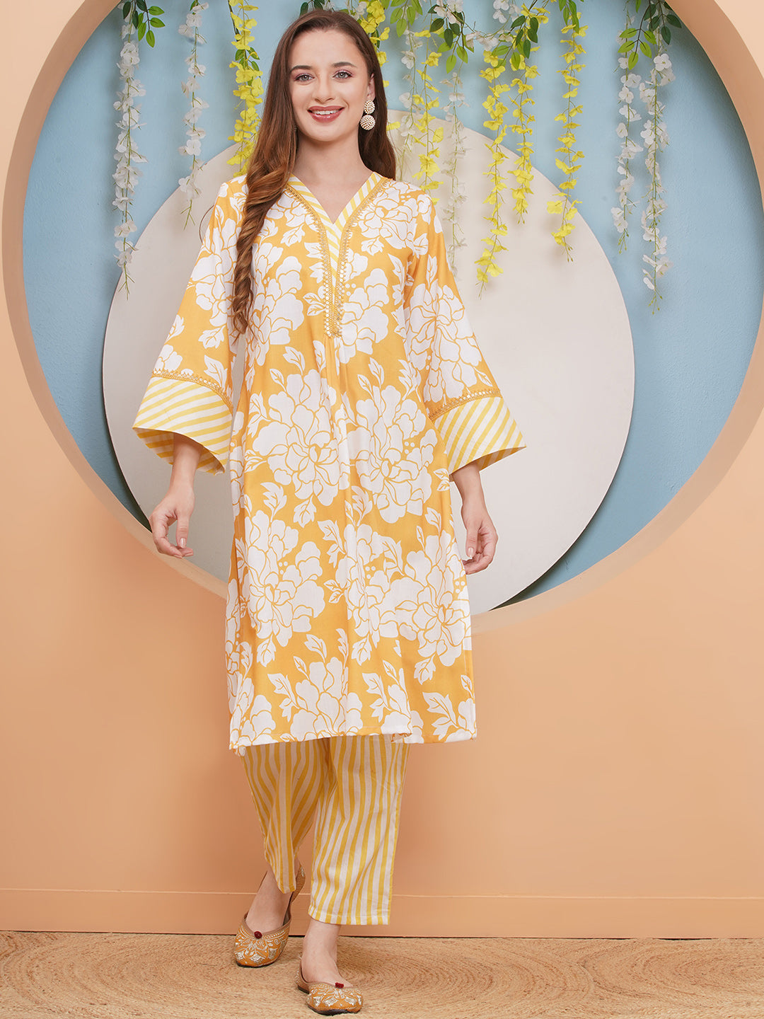 Bhama Couture Yellow & White Floral With Stripes Printed Kurta set