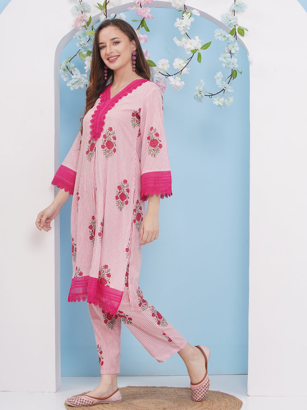 Bhama Couture White & Pink Floral With Stripes Printed Kurta set