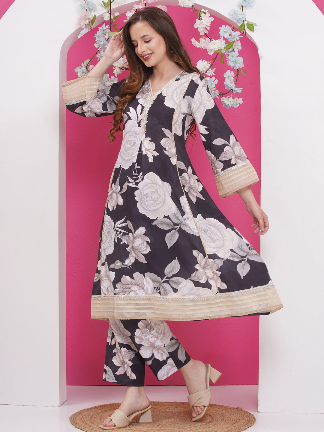 Bhama Couture Black & Beige Colour Floral Printed Kurta set