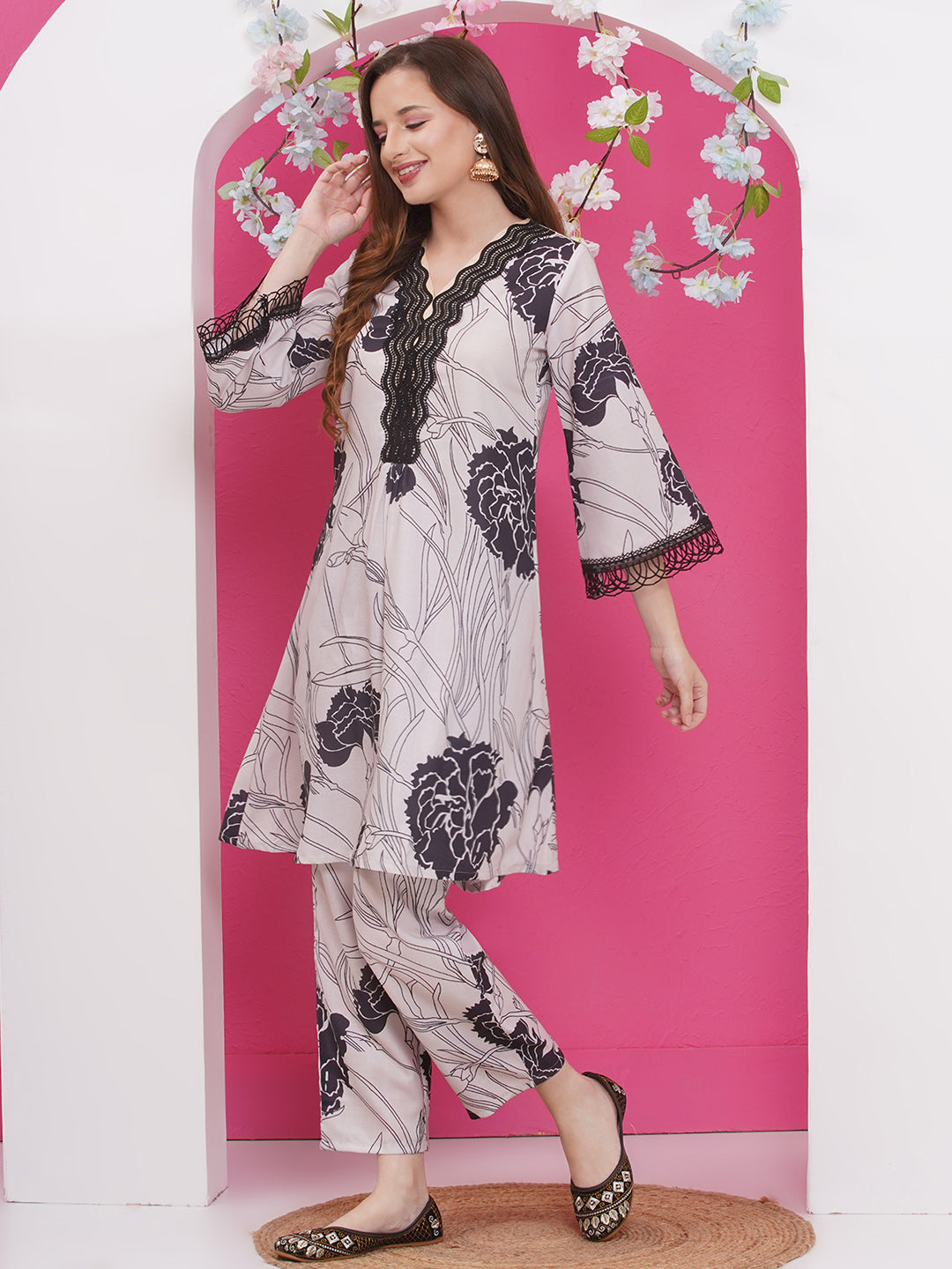 Bhama Couture Black & Beige Colour Floral Printed Kurta set