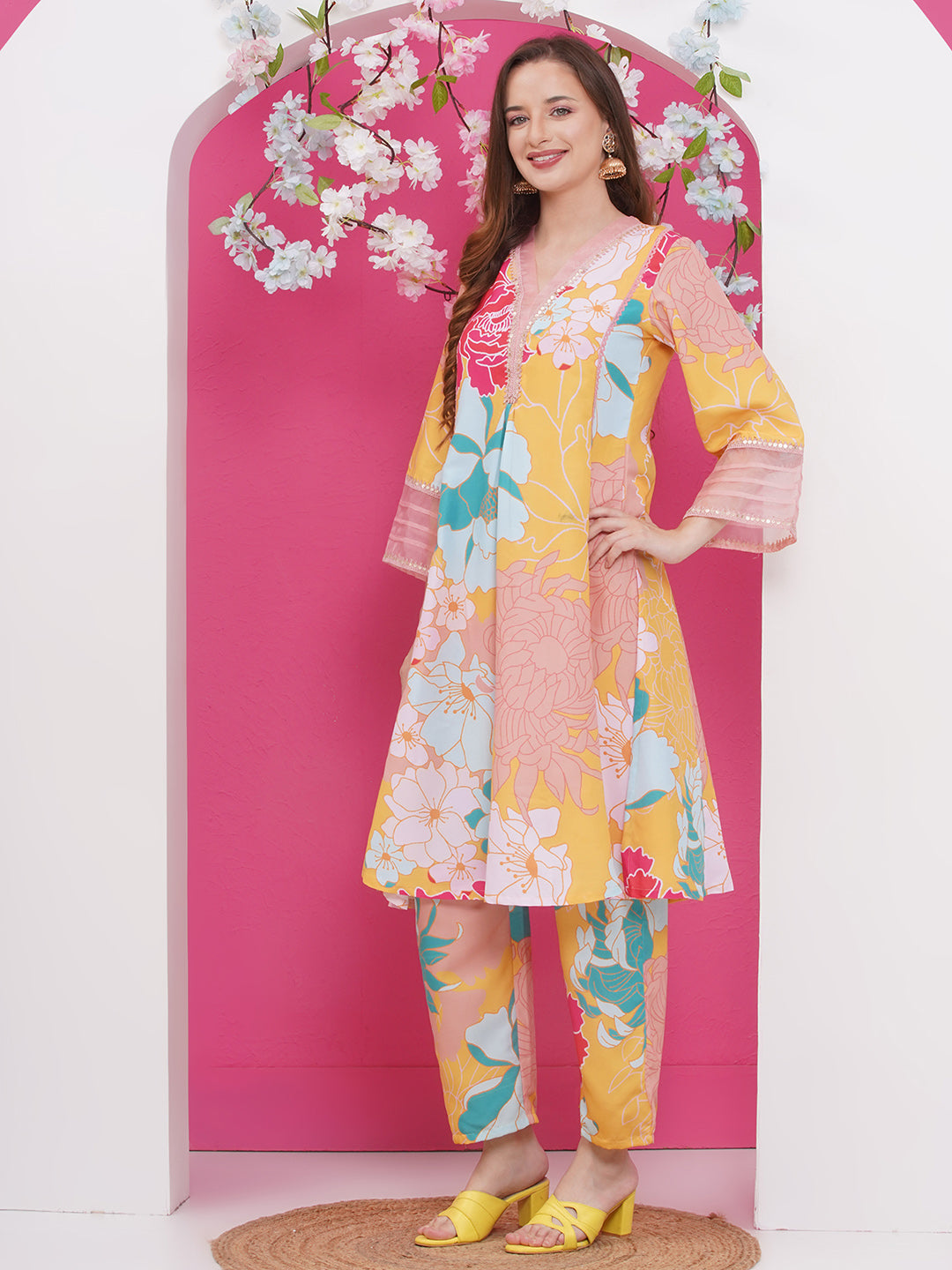 Bhama Couture Yellow Multi Colour Floral Printed Kurta set