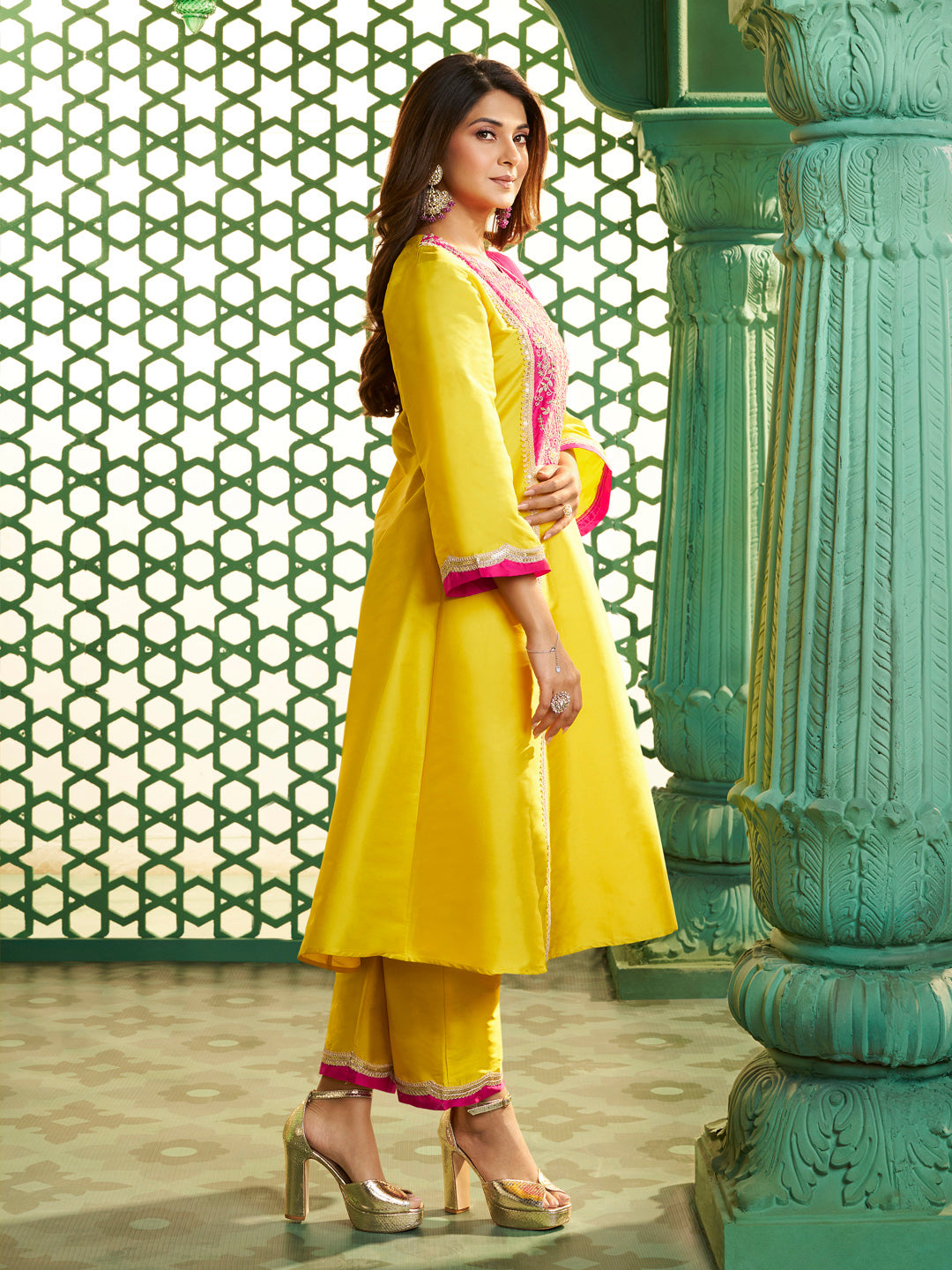 Bhama Couture Jennifer Winget Yellow With Pink Embroidered Yoke Kurta Set