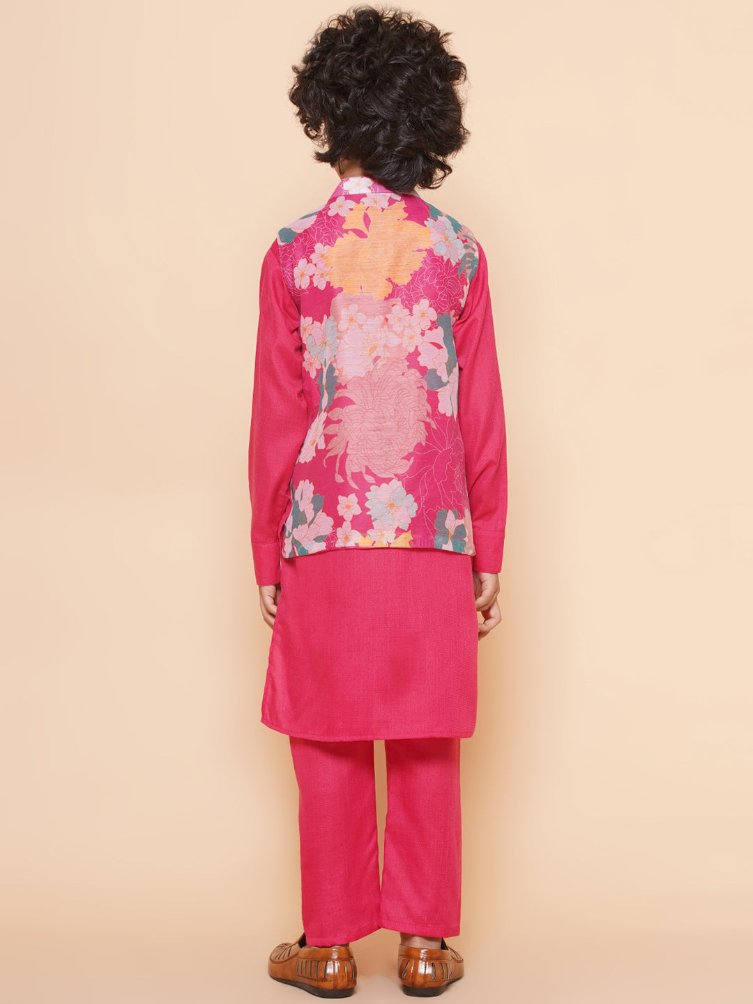 Bittu By Bhama Boys Pink Kurta & Pyjamas with Printed Jacket