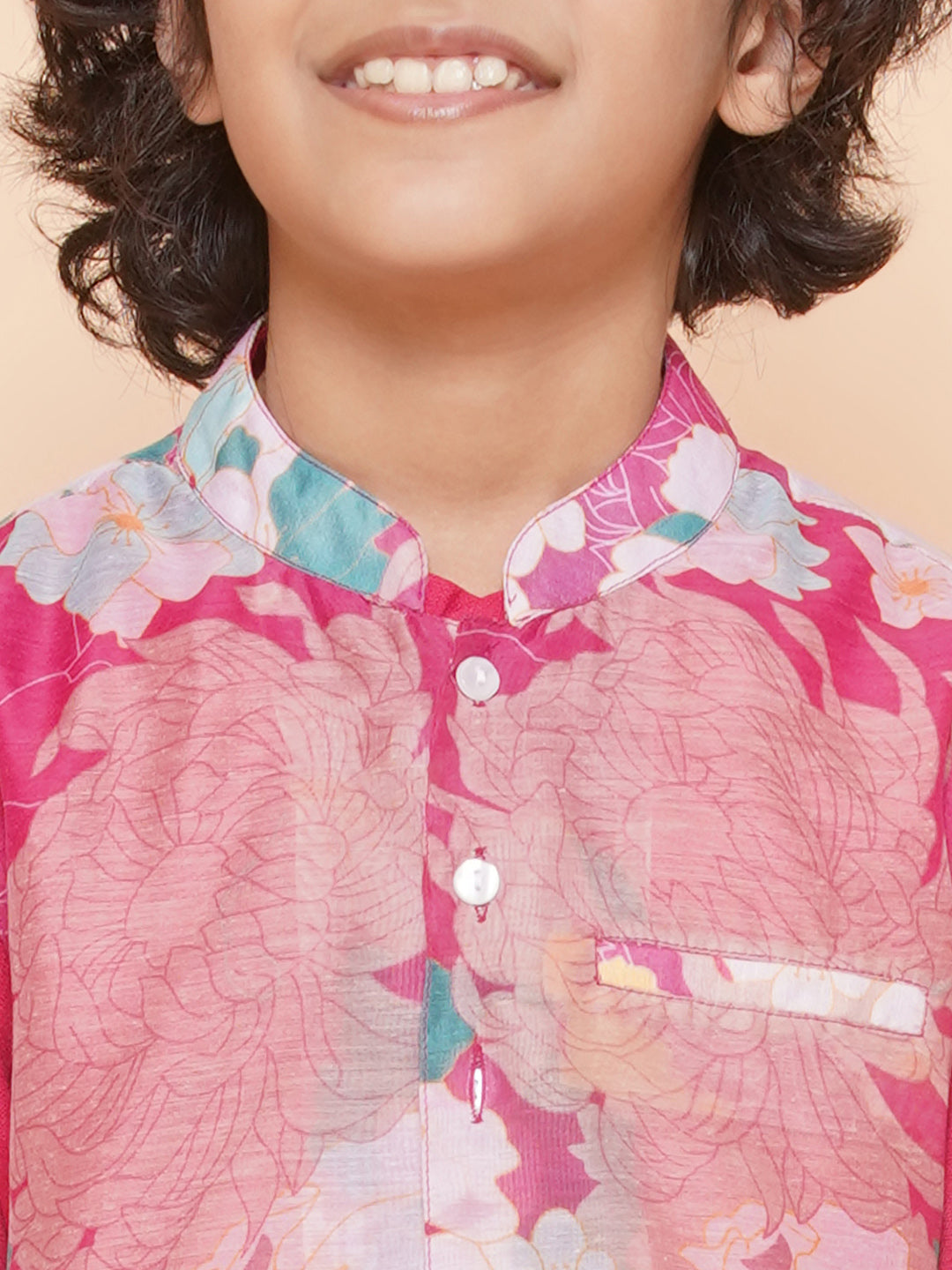 Bittu By Bhama Boys Pink Kurta & Pyjamas with Printed Jacket