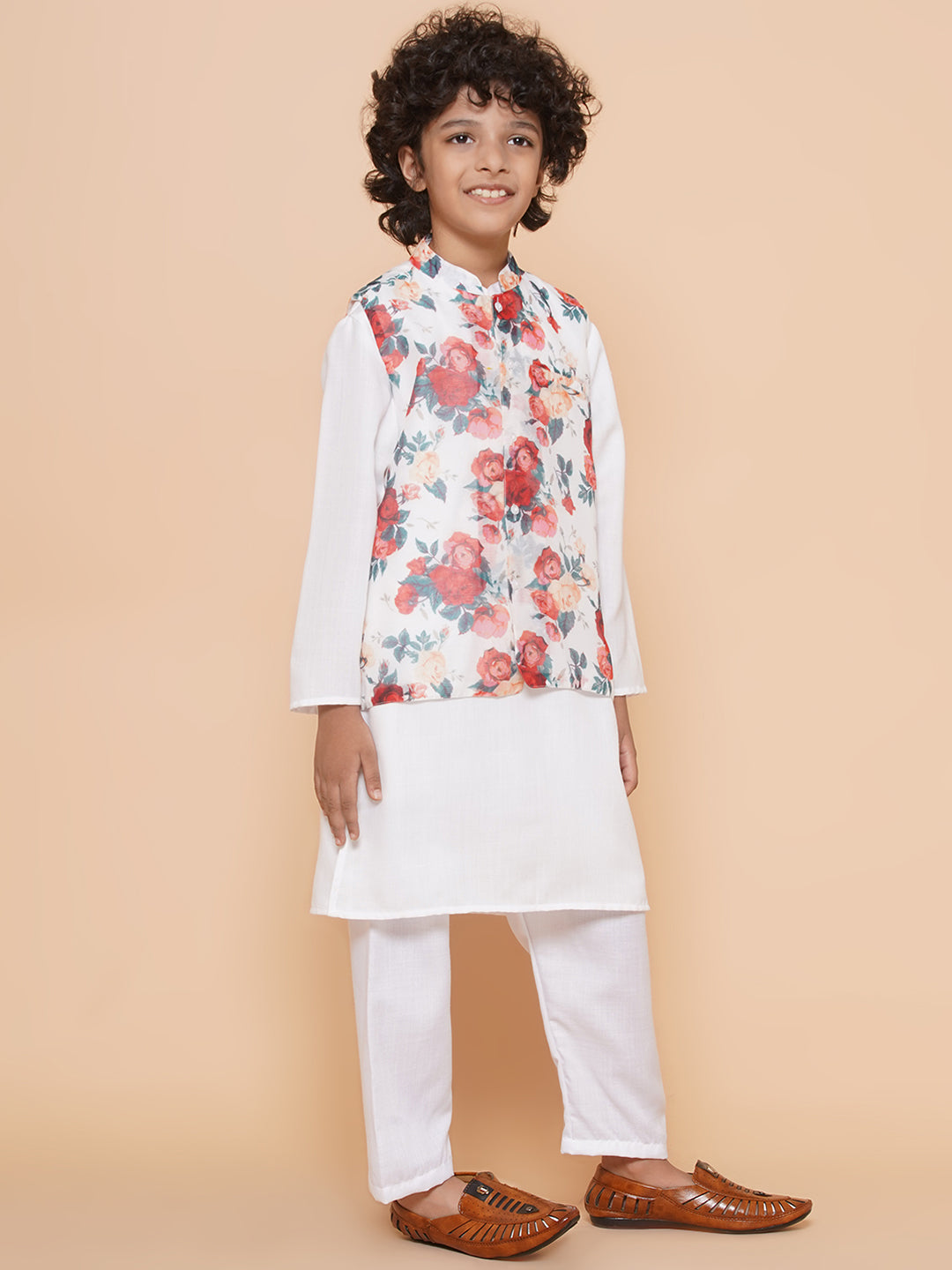 Bittu By Bhama Boys White Kurta & Pyjamas with Multi Color Printed Jacket