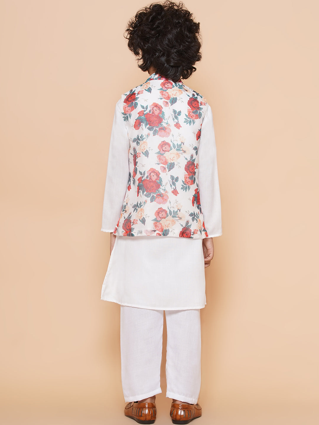 Bittu By Bhama Boys White Kurta & Pyjamas with Multi Color Printed Jacket
