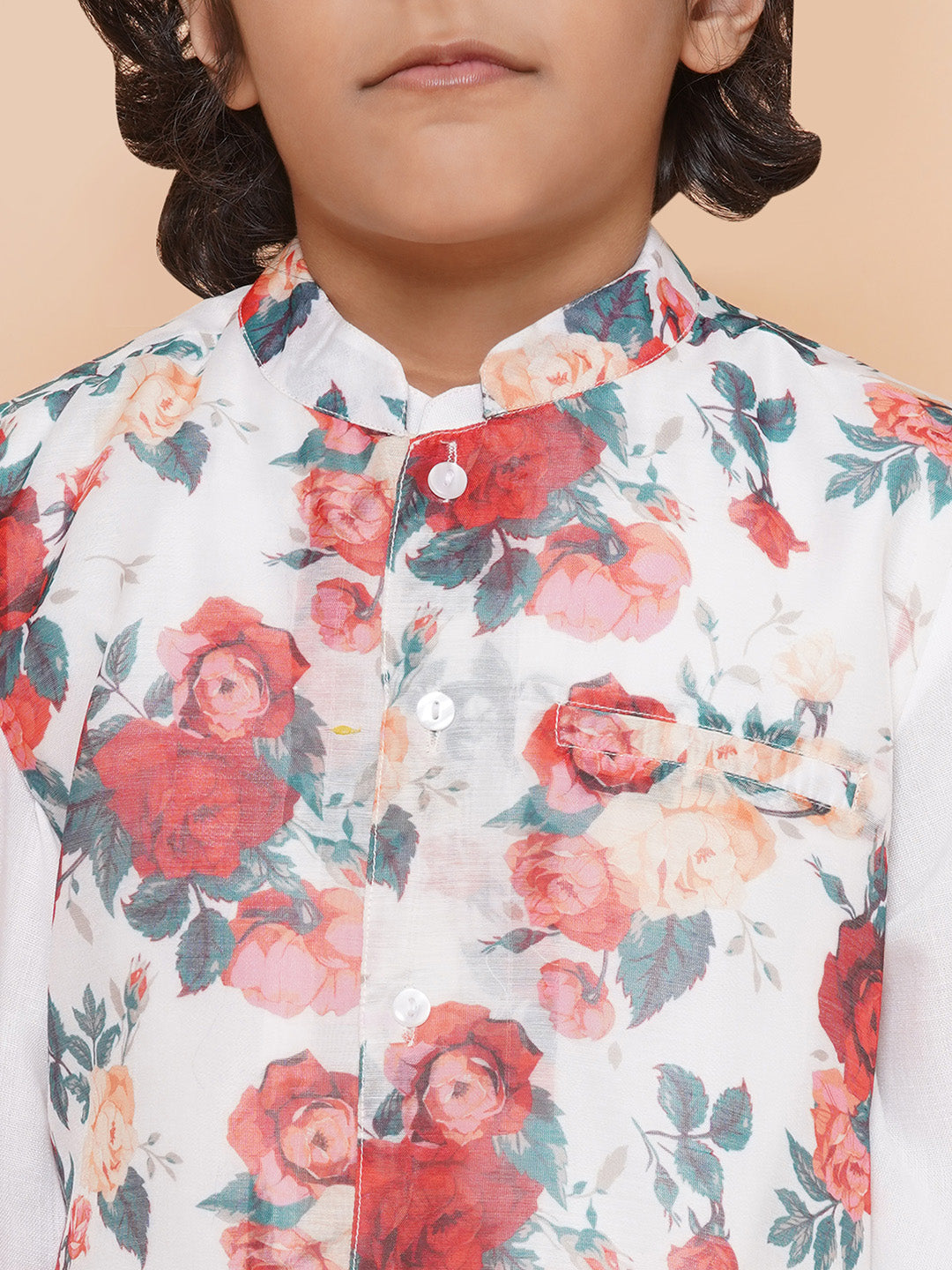Bittu By Bhama Boys White Kurta & Pyjamas with Multi Color Printed Jacket