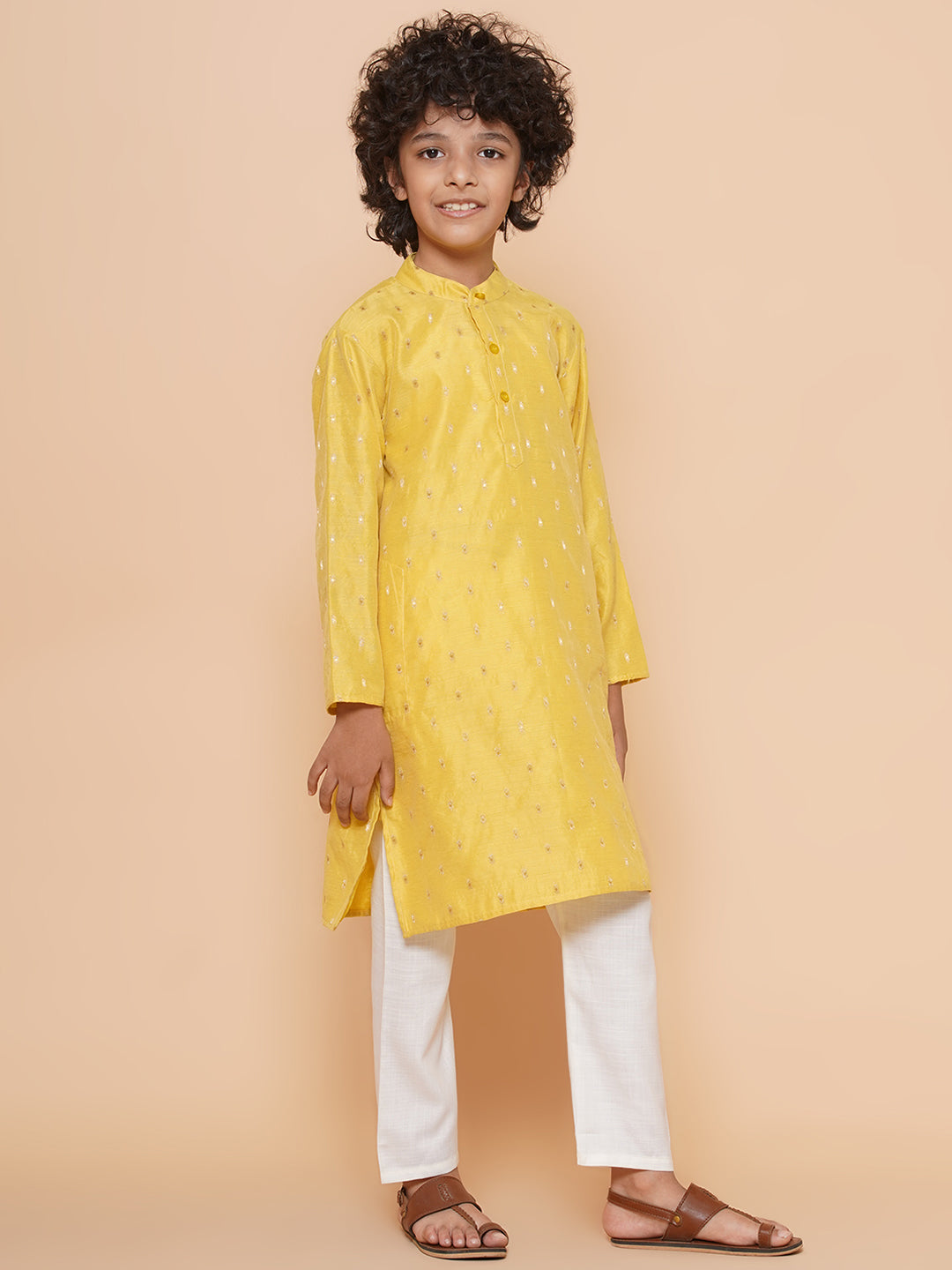 Bittu By Bhama Boys Yellow Self Design Booti Kurta with Pyjamas