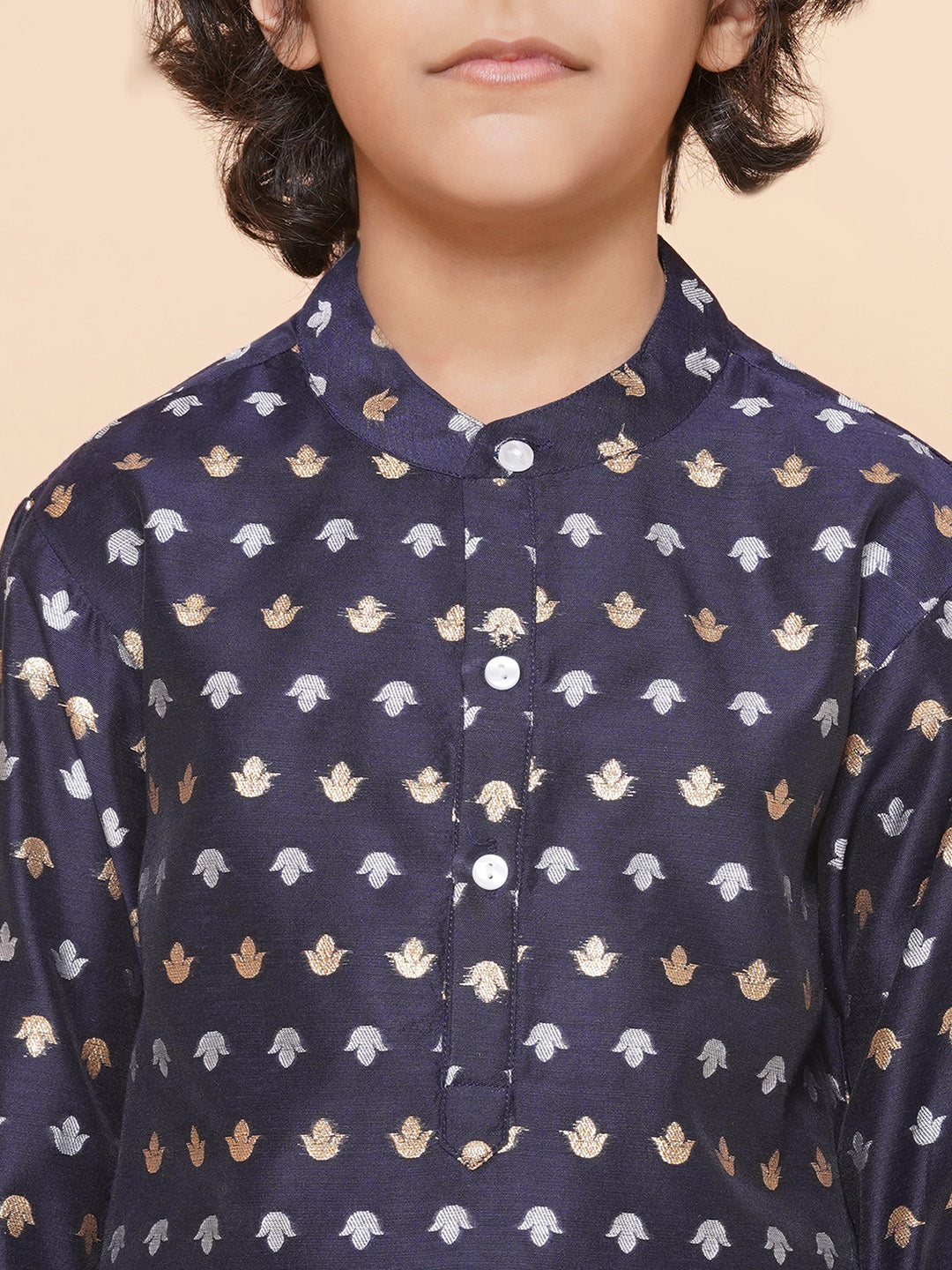 Bittu By Bhama Boys Navy Blue Self Design Booti Kurta with Pyjamas