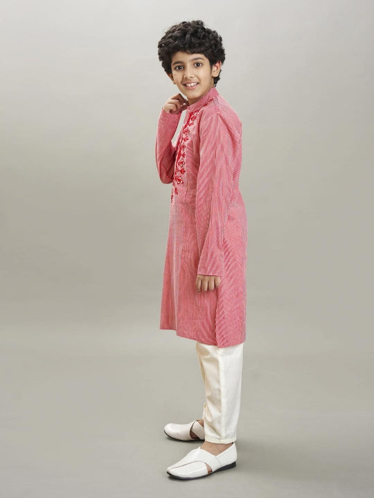 Bittu By Bhama Boys red white stripe embroidery kurta with a off white pajama