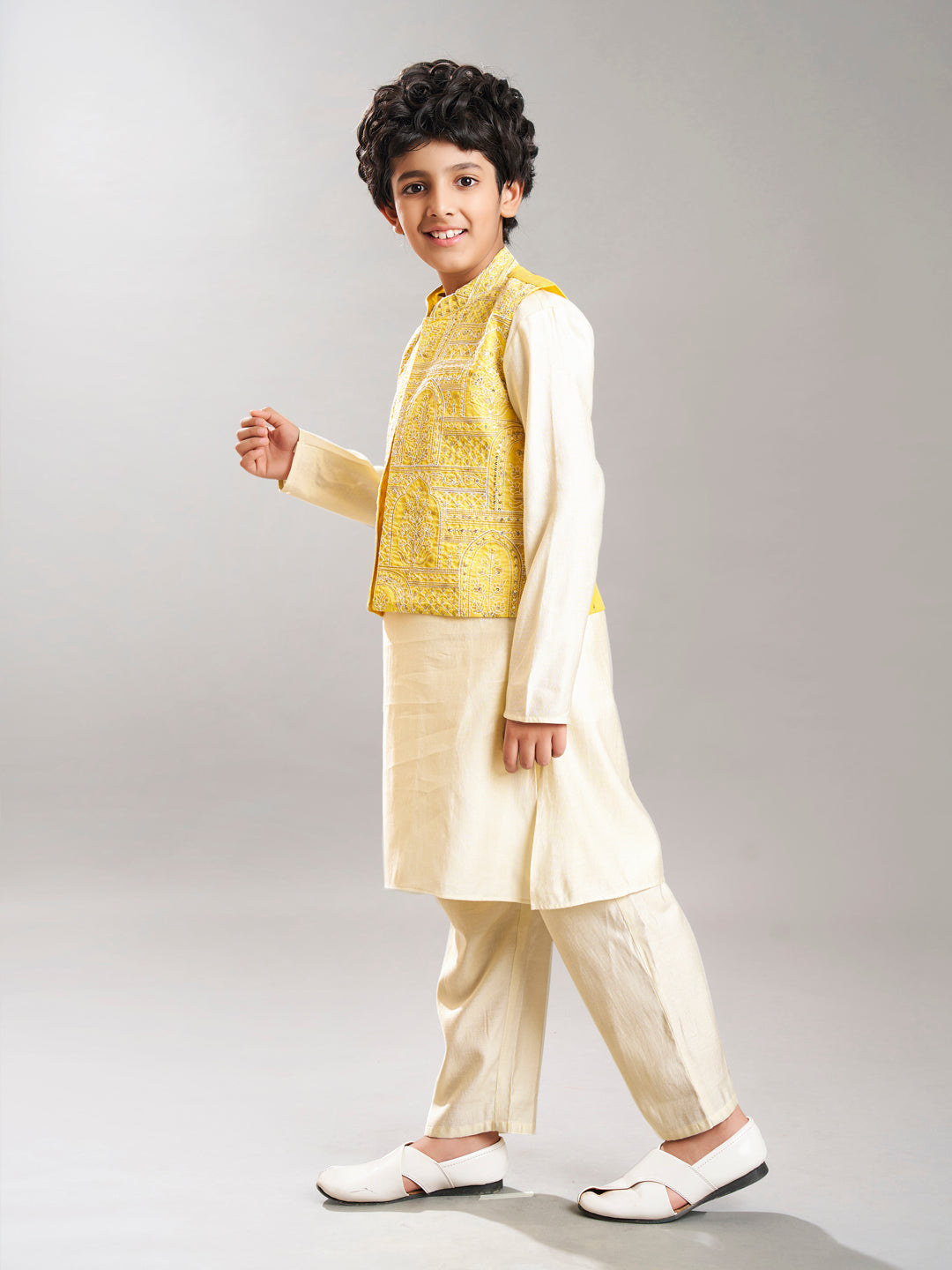 Bittu By Bhama Boys off white kurta pajama with yellow modal booti jacket