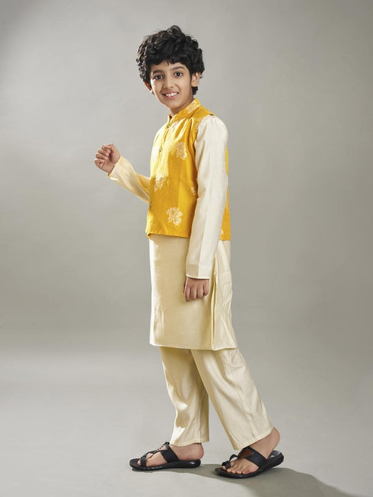 Bittu By Bhama Boys off white kurta pajama with a jacquard booti jacket