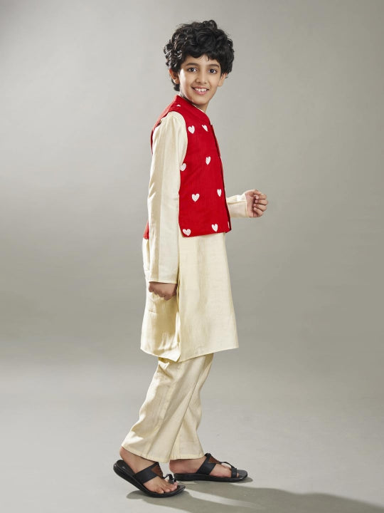 Bittu By Bhama Boys off white kurta pajama with a red embroidery jacket