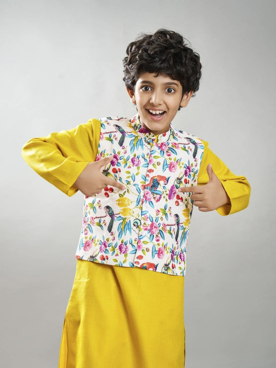 Bittu By Bhama Boys yellow kurta & off white pajama with a multi print jacket