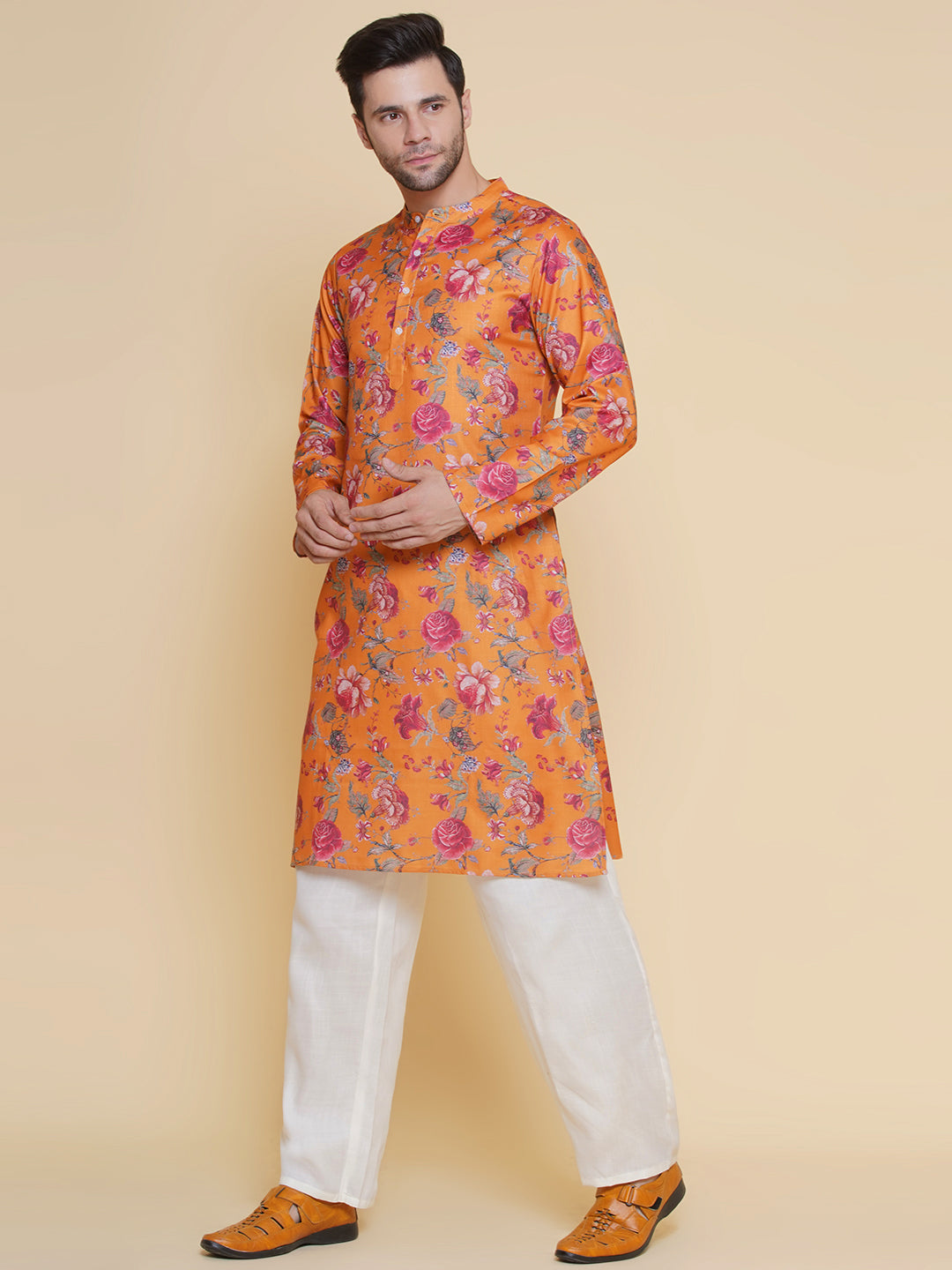 Baawara By Bhama Men Mustard Floral Printed Festive Kurta Pyjamas