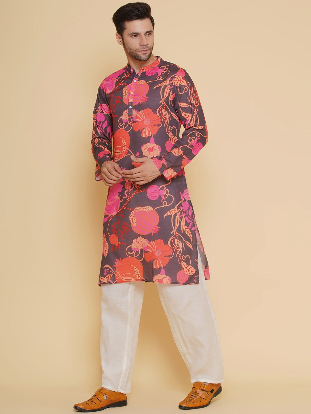 Baawara By Bhama Men Black & Red Digital Floral Print Festive Kurta Pyjamas