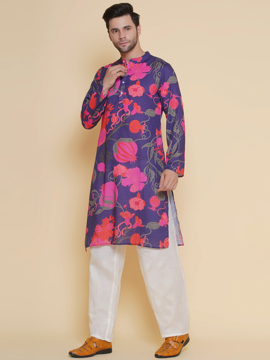 Baawara By Bhama Men Purple & Pink Digital Floral Print Festive Kurta Pyjamas
