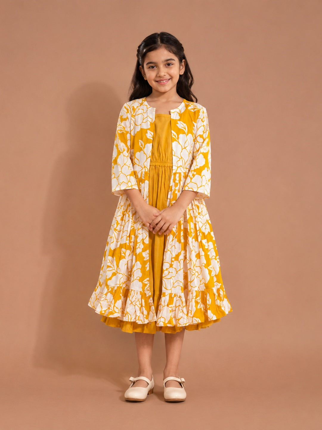 Bitiya By Bhama Yellow Floral Printed Midi Dress For Girls