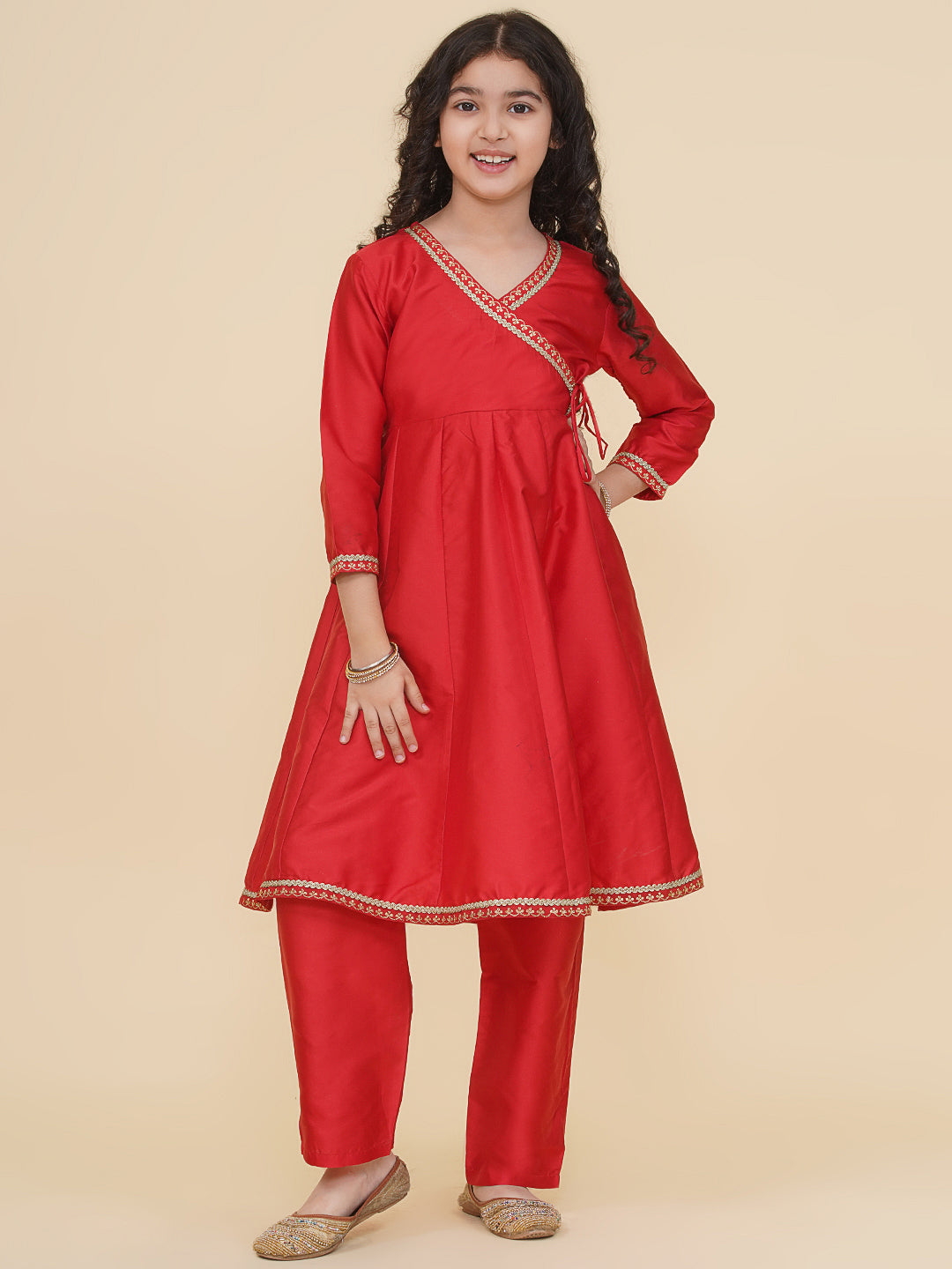 Bitiya by Bhama Girls Red Angrakha Kurta with Trousers