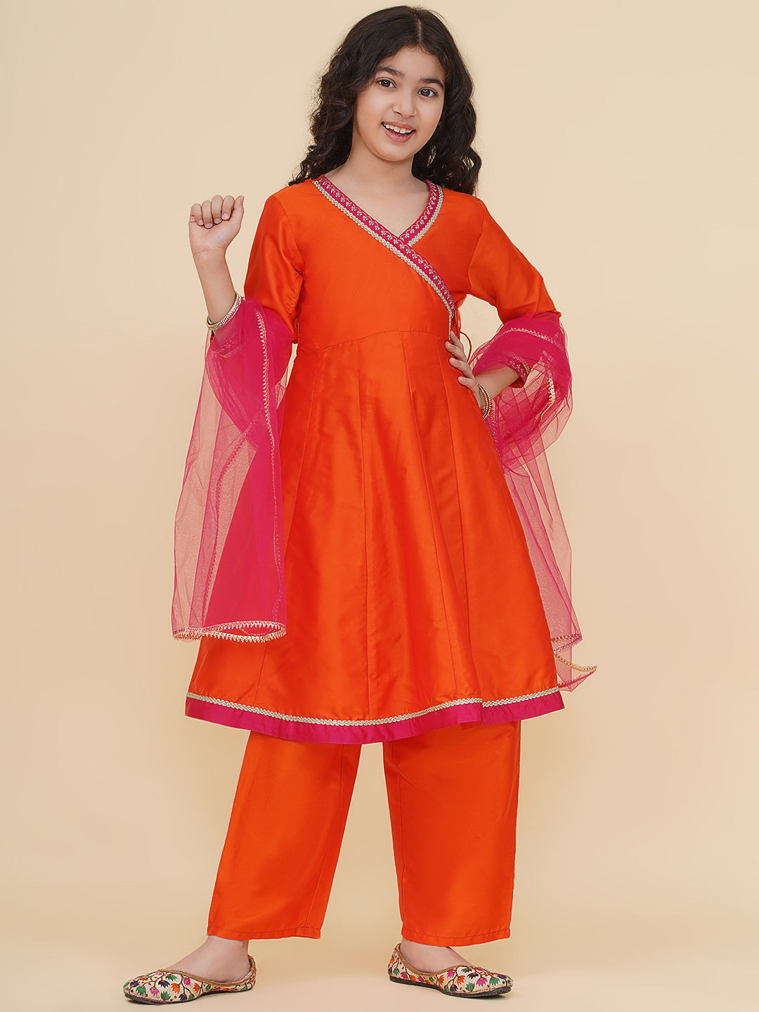 Bitiya by Bhama Girls Orange Angrakha Kurta with Trousers with Dupatta