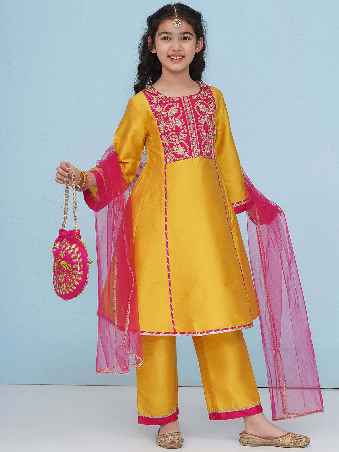 Bitiya by Bhama Girls Yellow Angrakha Kurta with Trousers