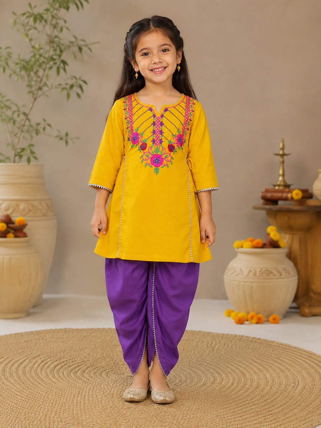 Bitiya By Bhama Girls Mustard Embroidered Kurta With Purple Dhoti set.