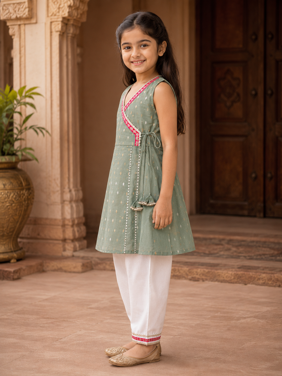 Bitiya By Bhama Girls Pista Green Kurta With Farsi Salwar