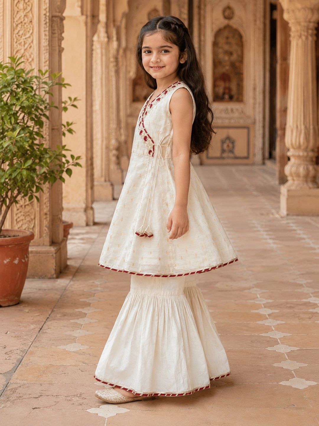 Bitiya By Bhama Girls Off White Kurta With Sharara