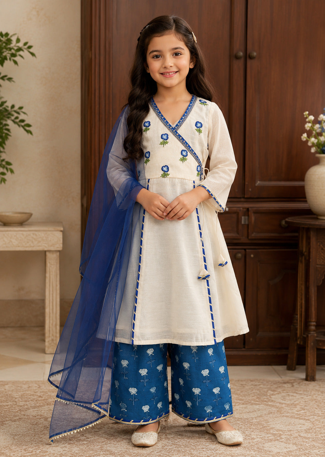 Bitiya By Bhama Girls Off White Kurta With Farsi Salwar & Dupatta