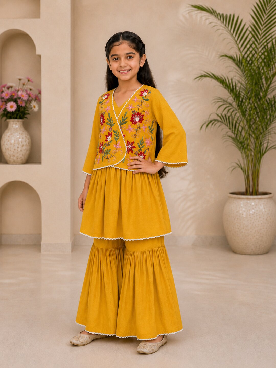 Bitiya By Bhama Girls Mustard Embroidered Jacket Style Kurta Set