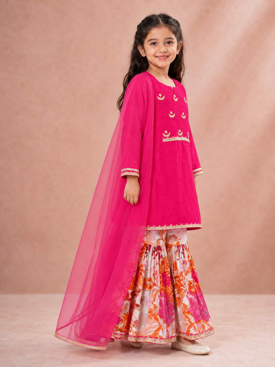 Bitiya By Bhama Girls Pink Kurta With Floral Printed Sharara And Dupatta.