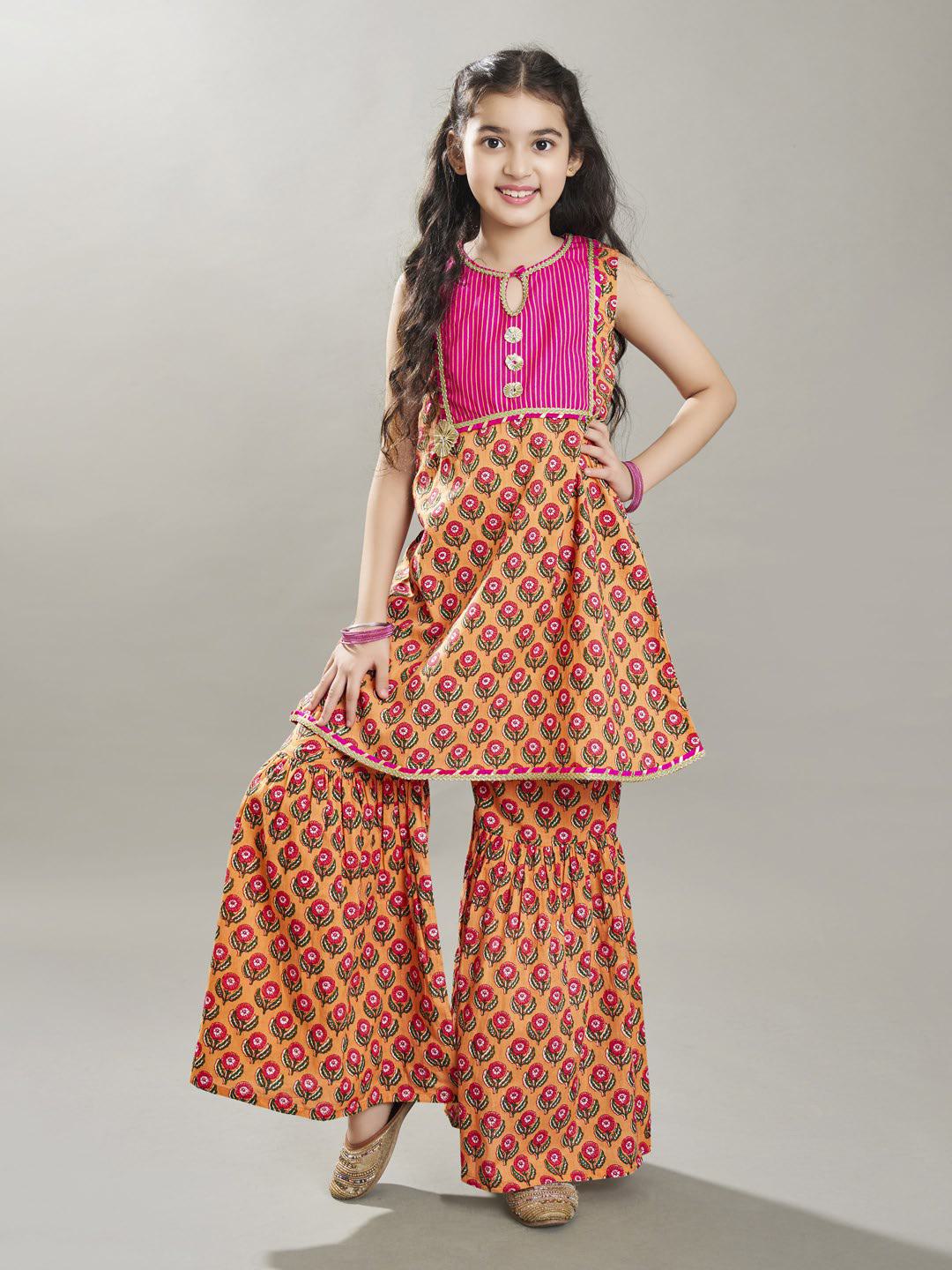 Bitiya by Bhama Girls Peach Floral Printed Kurta With Sharara