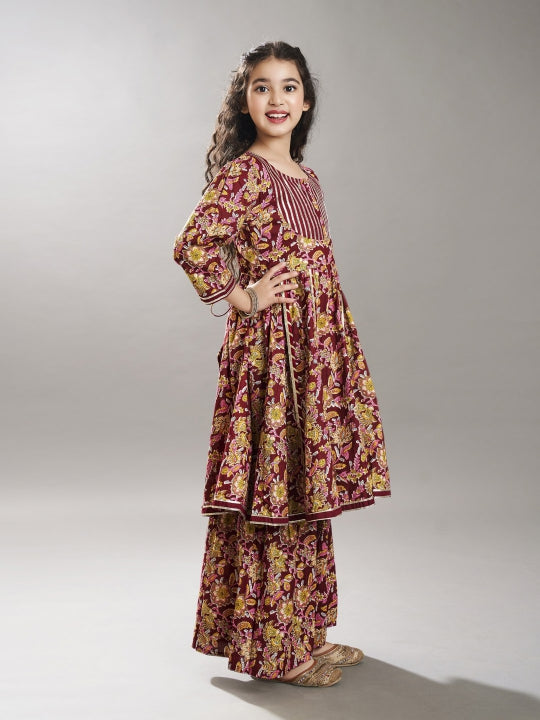 Bitiya by Bhama Girls Maroon & Green Floral Printed Kurta With Sharara