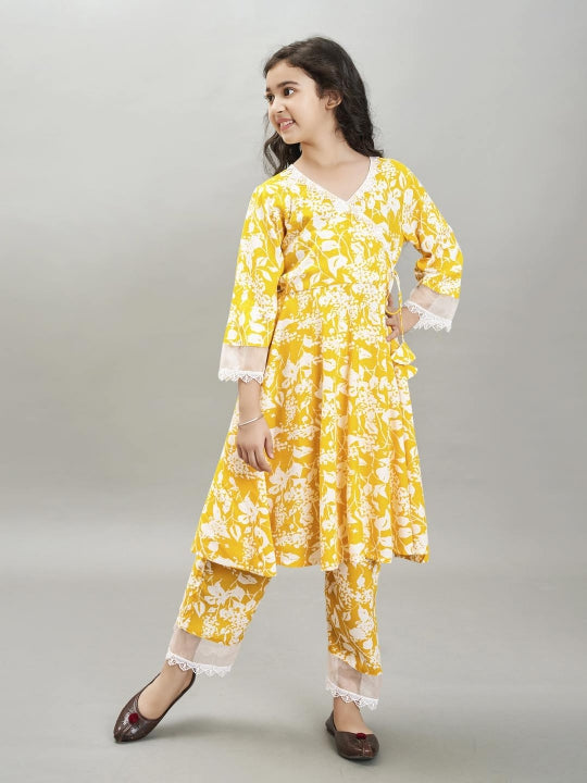 Bitiya by Bhama Girls yellow Angrakha Kurta with Trousers