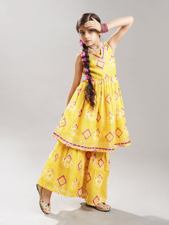 Bitiya by Bhama Girls Yellow Ethnic motifs Printed Kurta with Sharara