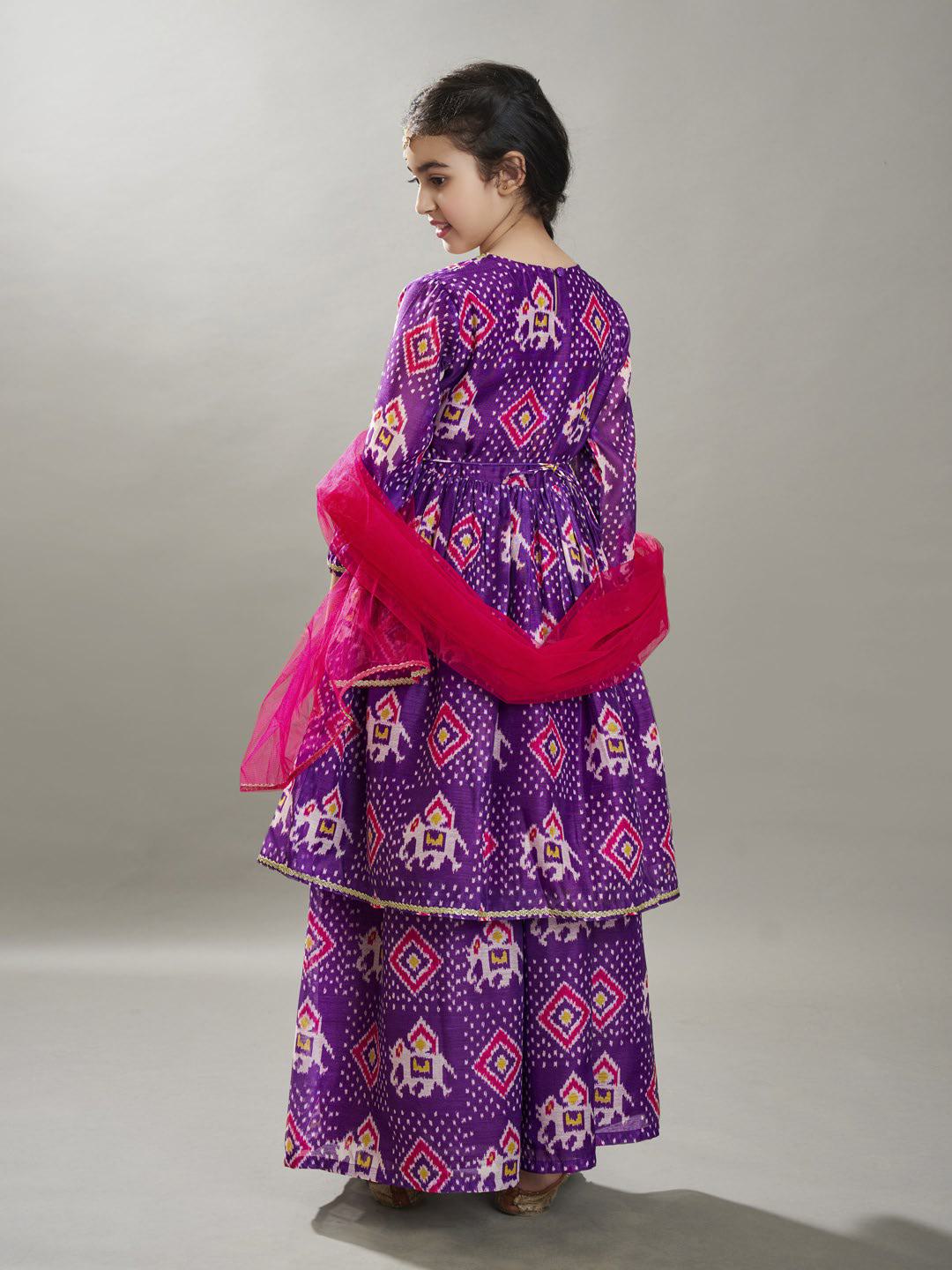 Bitiya by Bhama Girls Purple Ethnic motifs print design Kurta With Palazzos, Dupatta set