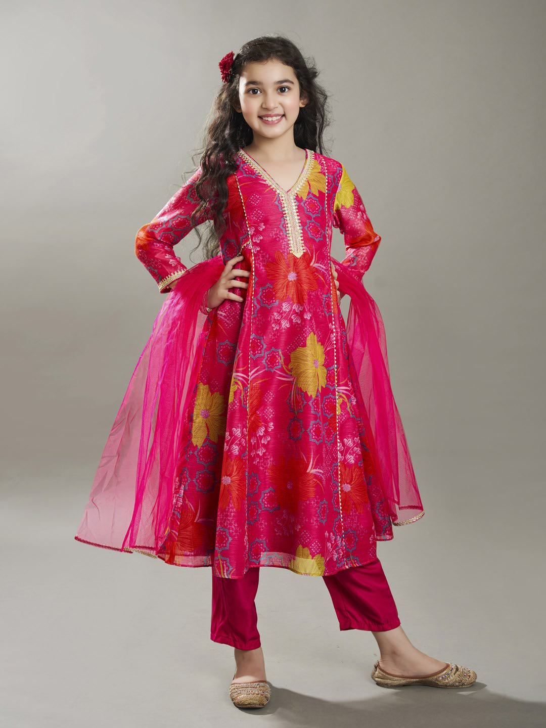Bitiya by Bhama Girls Pink Floral Printed Kurta with Trousers & Dupatta