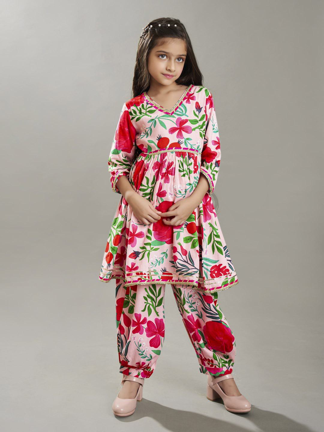 Bitiya by Bhama Girls Maroon Ethnic motifs printed design crop top With Palazzos