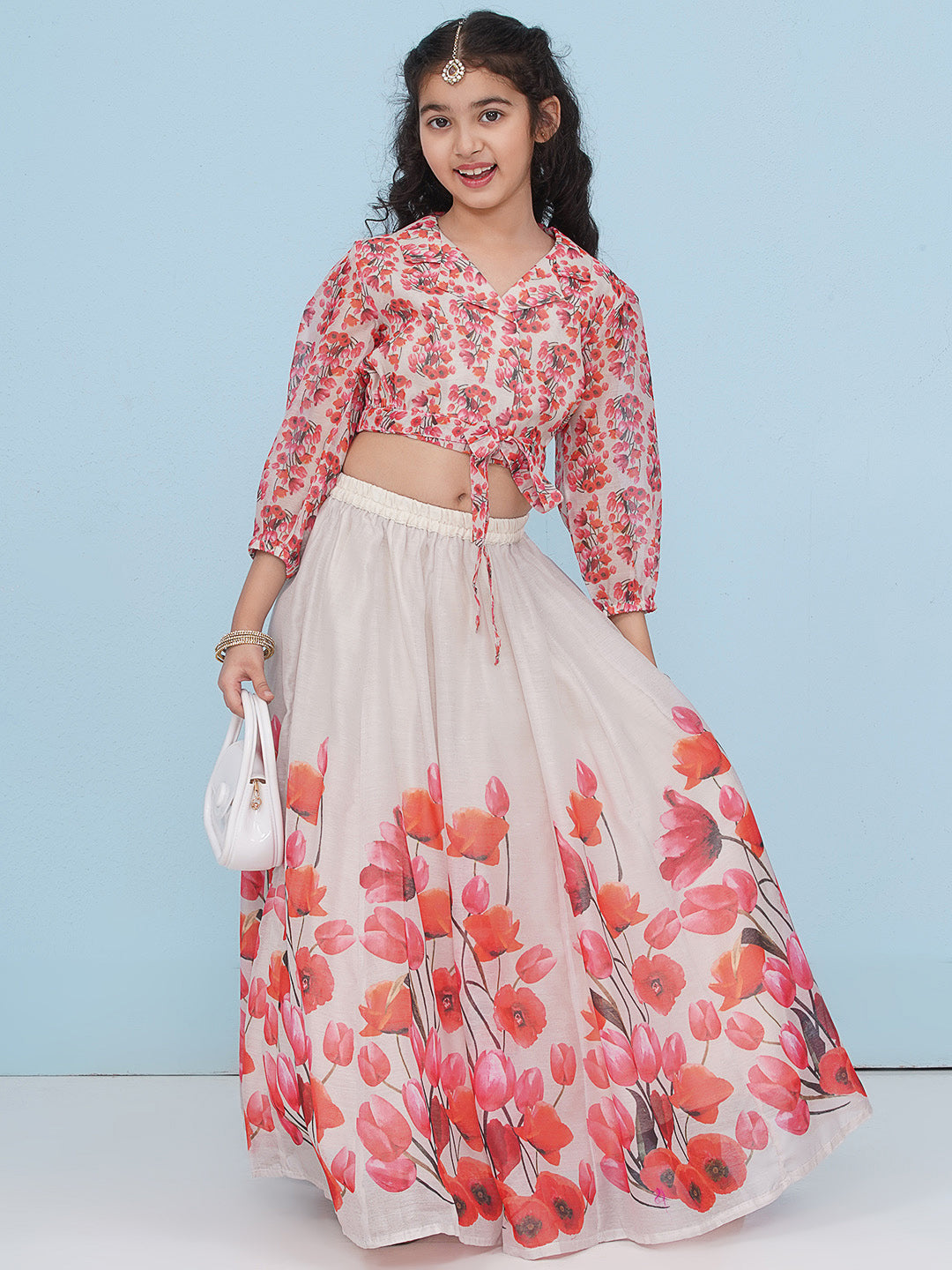 Bitiya by Bhama Girls Indo-Western Grey & Pink Tulip Flower Digital Printed Lehenga Choli.