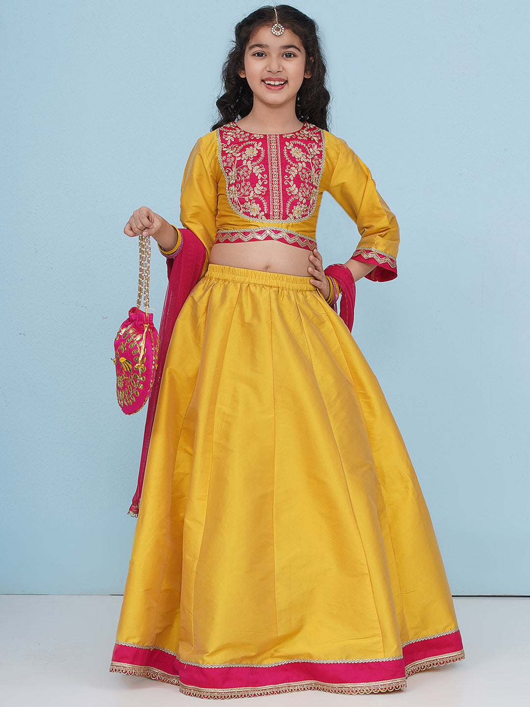 Bitiya by Bhama Girls Boho Design Yellow Pink Embroidered Choli & Ready to Wear Lehenga With Dupatta.