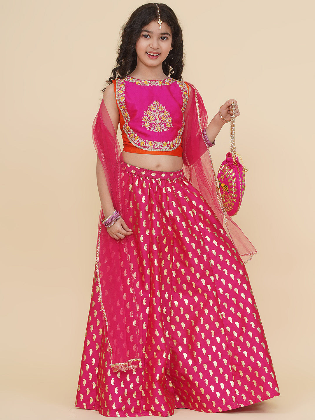 Bitiya by Bhama Girls Orange & Pink Embroidered Choli & Ready to Wear Lehenga With Dupatta